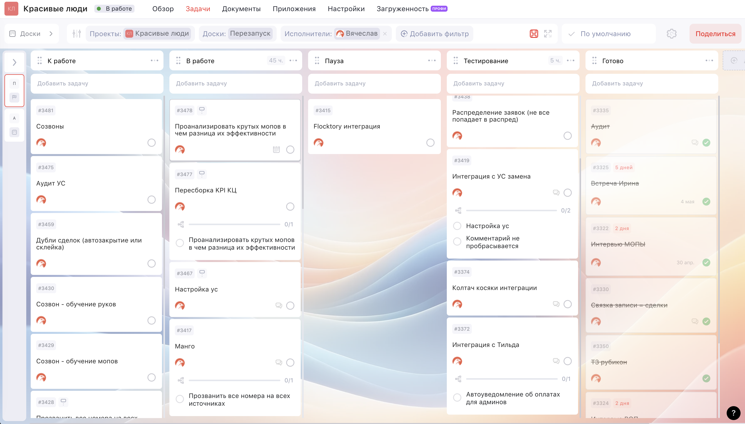 Доска задач проекта внедрения CRM